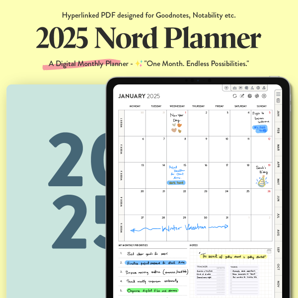 2025 Nord Monthly Portrait Digital Planner for iPad (Goodnotes, Noteful)